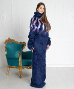 Blaues isländisches Mohairkleid, handgestricktes klobiges Lopi-Rollkragenkleid T652