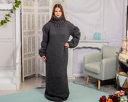 Graues Wollpulloverkleid, handgestricktes klobiges Rollkragen-Maxikleid T784