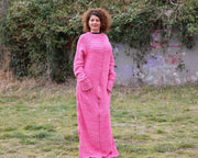 100 % Baumwolle handgestricktes Kleid, Pink Melange Maxi Schlafsackkleid T1361