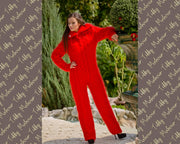 Roter Mohair-Catsuit – Handgestrickter Zopfmuster-Jumpsuit – Grobmaschiger flauschiger Einteiler – T127