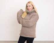 Beiger Merinowollpullover, handgestrickter Super Chunky Riesenpullover T1522