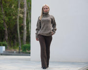 Braune Wollstrick-Leggings – Handgestrickte Damen-Woll-Jogginghose T881