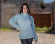 Babyblauer Angora-Pullover, handgestrickt, 100 % Kaninchen-Flausch-Pullover T1434