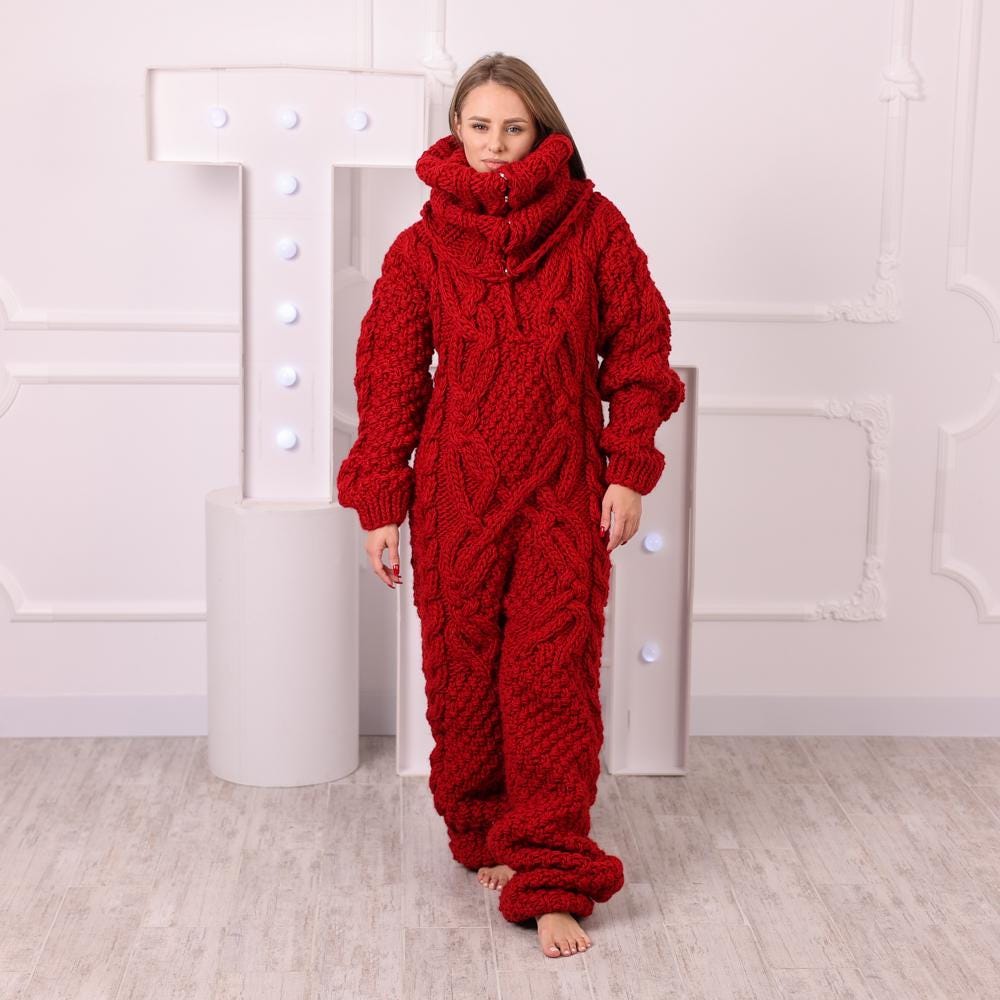 Tiffy Mohair Red Wool Cable Knit Hooded Catsuit T2048