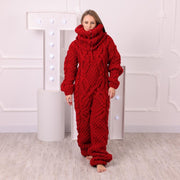 Roter Woll-Catsuit, handgestrickter, klobiger Zopfmuster-Jumpsuit mit Kapuzen-Rollkragen T2048