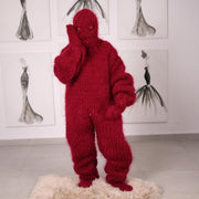 Roter Mohair Ganzkörper-Catsuit (20 Fäden) mit Handschuhen, Socken und Sturmhaube, Overall T2057