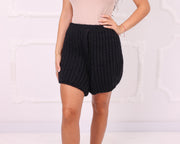 Black Chunky Wool Hand Knit Shorts, High Waist Drawstring T2340