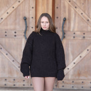 Dark Brown Black Melange Kid Mohair Oversized Turtleneck Sweater T2420