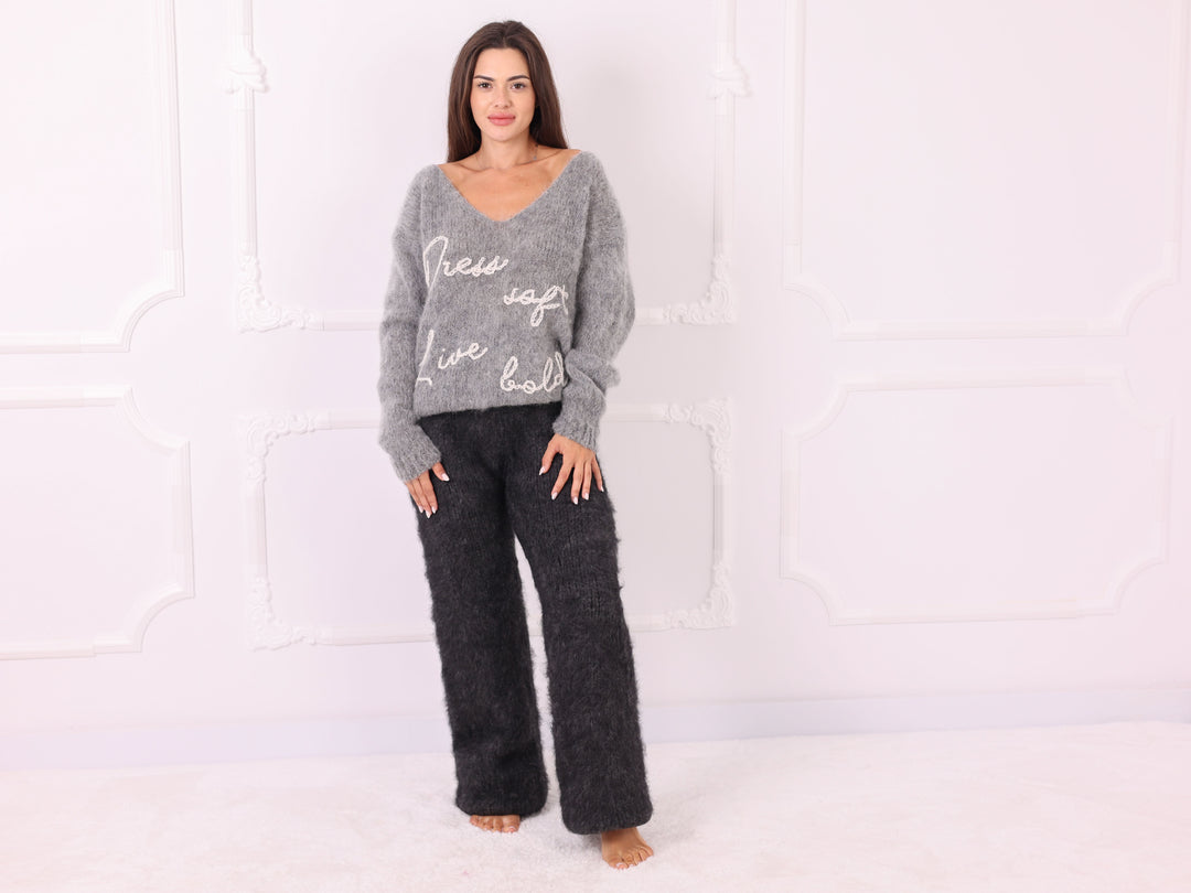 Personalized Gray Kid Mohair V-Neck Sweater, Custom Text T2325
