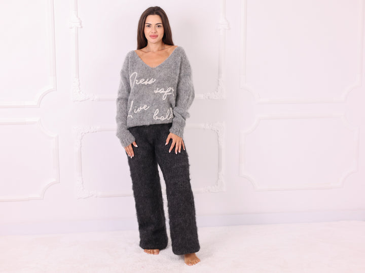 Dark Gray Kid Mohair Chunky Hand Knit Pants T2336