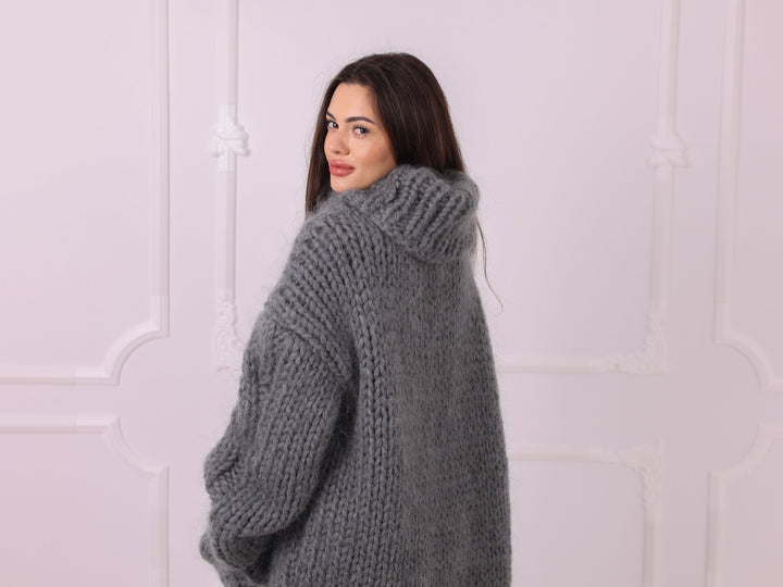 Gray Melange Mohair Alpaca Chunky Oversized Turtleneck Sweater T2326