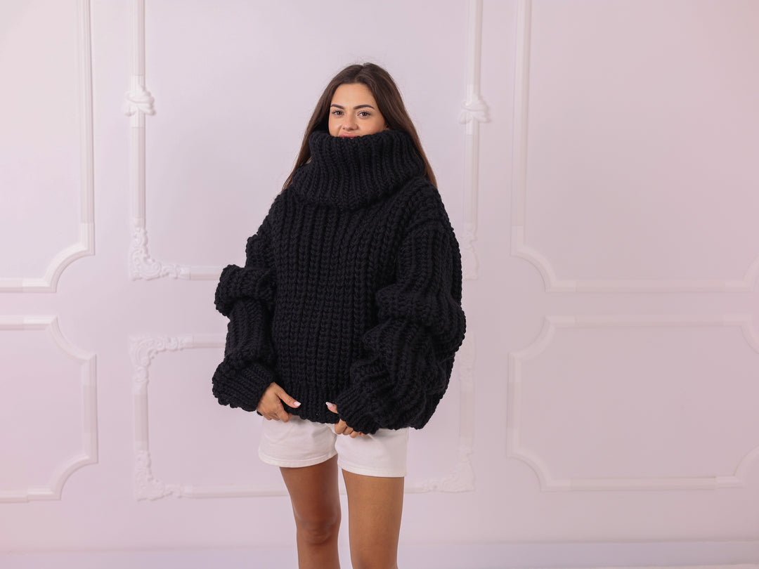Black 4 kg Wool Fisherman Rib Cropped Oversized Turtleneck Sweater T2328