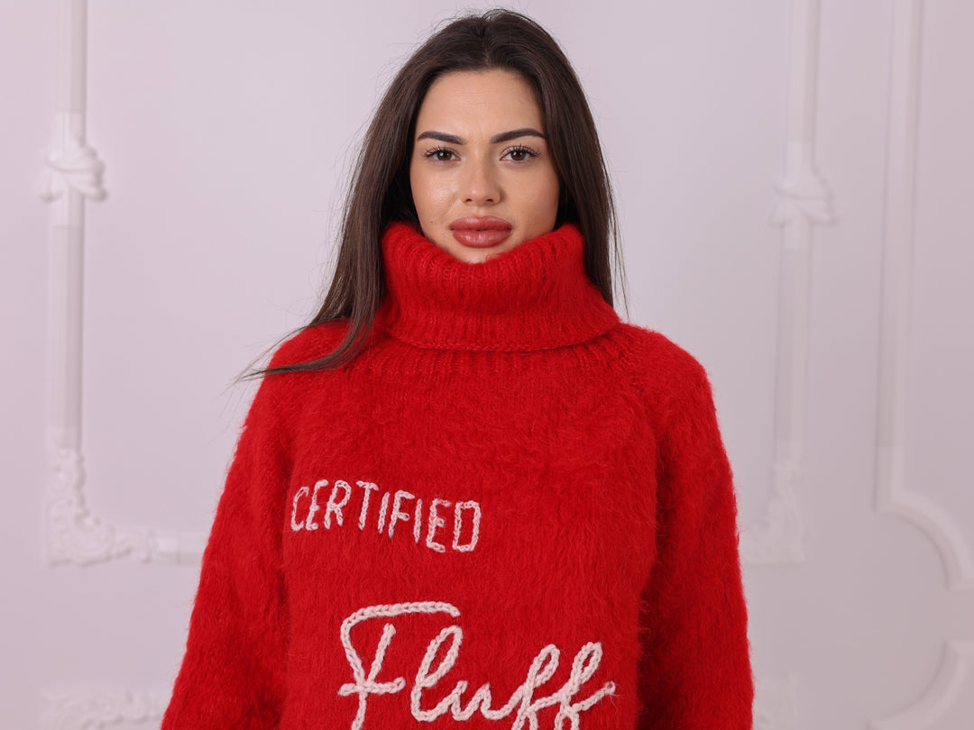 Personalized Red Baby Alpaca Turtleneck Sweater, Custom Text T2324