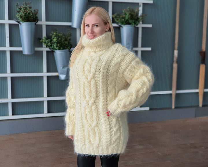 Pull en mohair crème 5 brins – Tricoté main, torsadé, épais, oversize T942