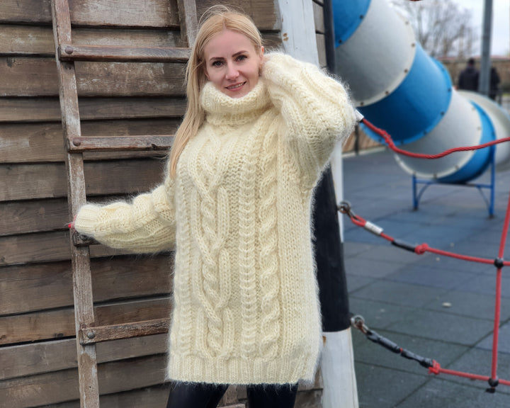 Pull en mohair crème 5 brins – Tricoté main, torsadé, épais, oversize T942