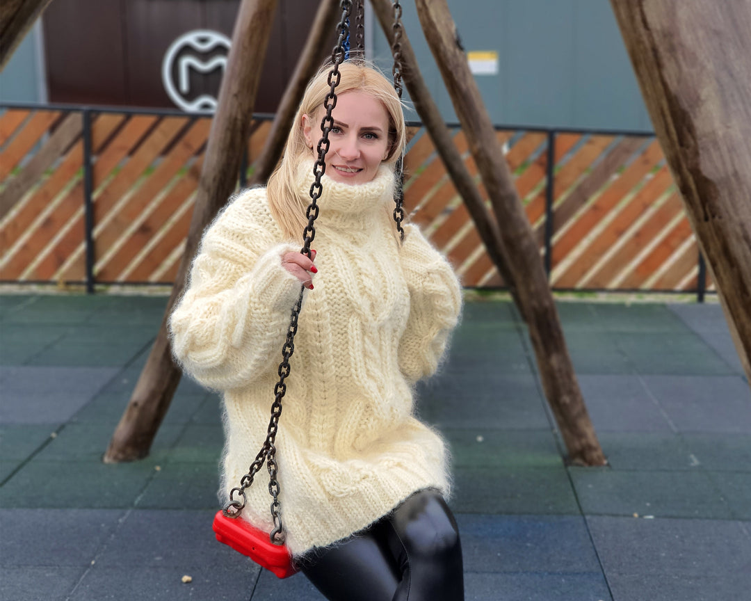 Pull en mohair crème 5 brins – Tricoté main, torsadé, épais, oversize T942