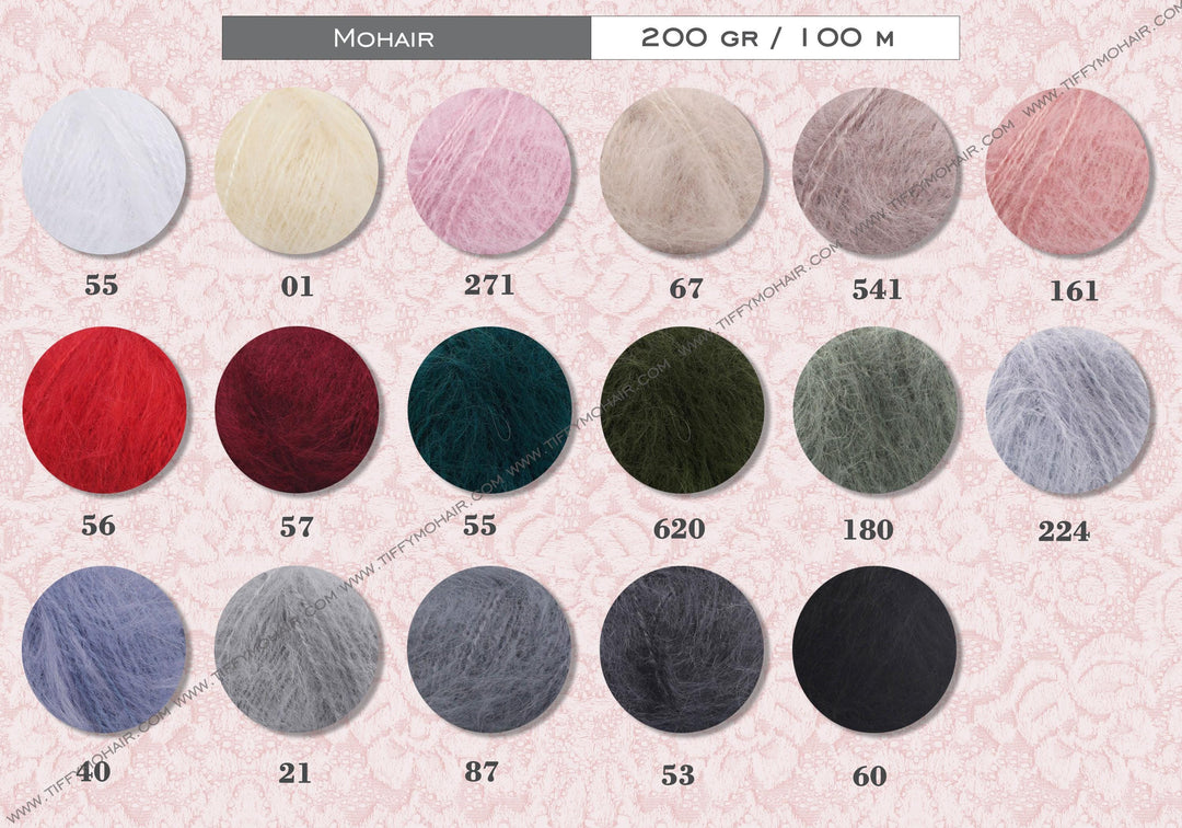 a collection of various yarn colors and textures, including white, pink, beige, gray, red, green, black, and gray.