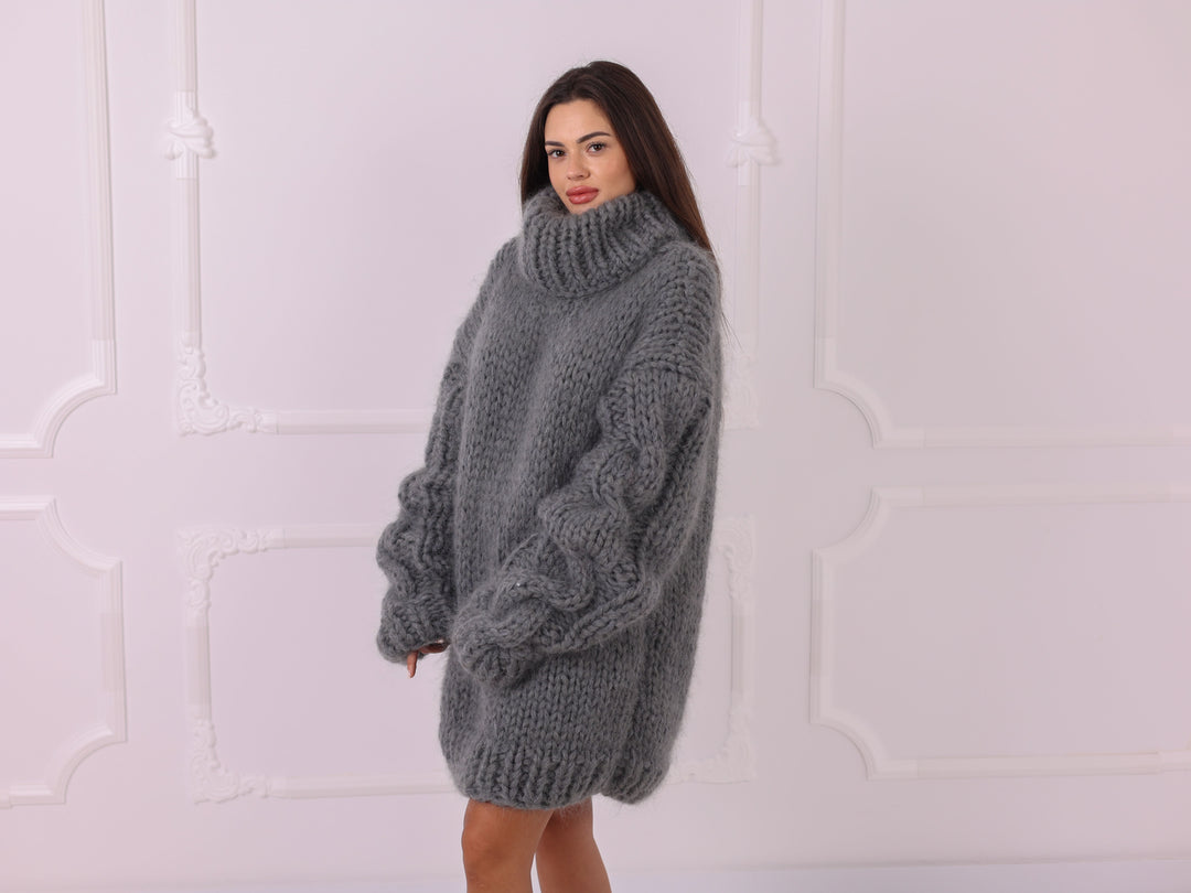 Gray Melange Mohair Alpaca Chunky Oversized Turtleneck Sweater T2326