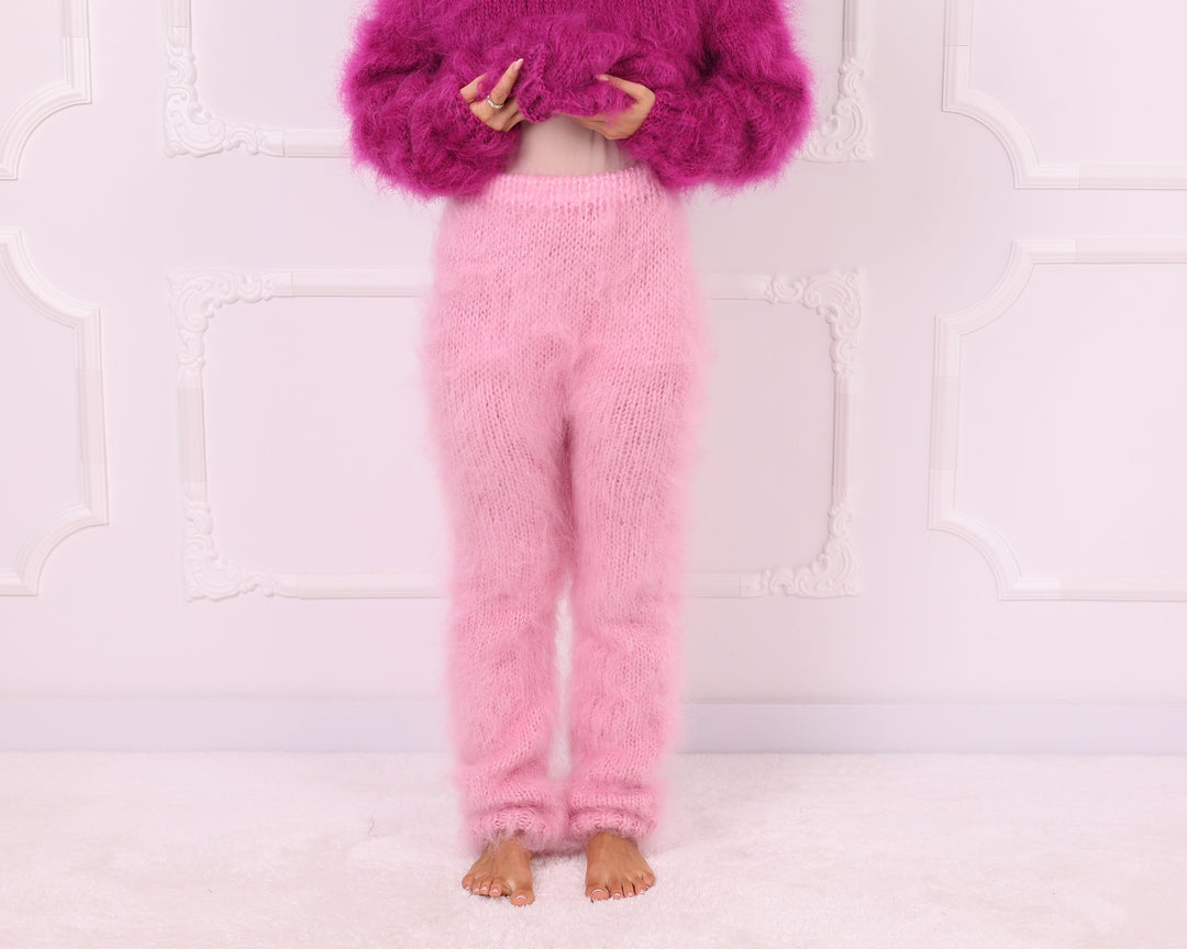 Pink Long-Haired Mohair Fluffy Hand Knit Pants T2342