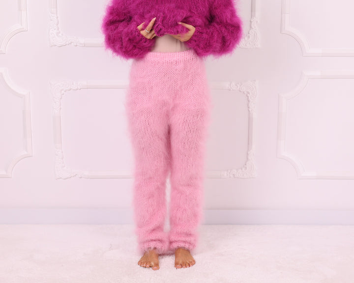 Pink Long-Haired Mohair Fluffy Hand Knit Pants T2342