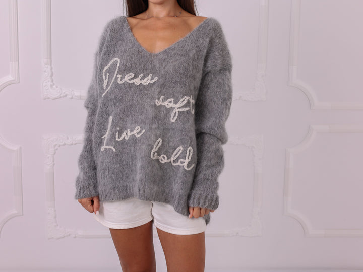 Personalized Gray Kid Mohair V-Neck Sweater, Custom Text T2325