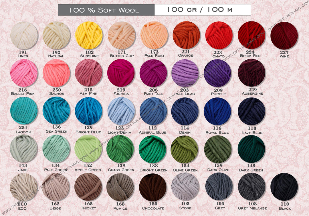 a collection of yarn colors, including soft wool, 100 gr / 100 m, and various shades of wool.