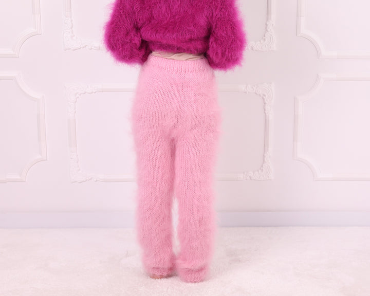 Pink Long-Haired Mohair Fluffy Hand Knit Pants T2342