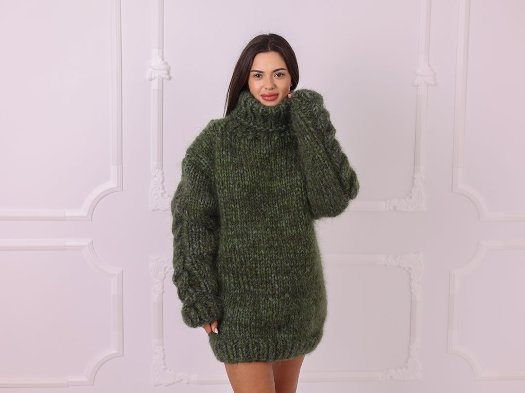 Gray Melange Mohair Alpaca Chunky Oversized Turtleneck Sweater T2326