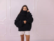 Black 4 kg Wool Fisherman Rib Cropped Oversized Turtleneck Sweater T2328