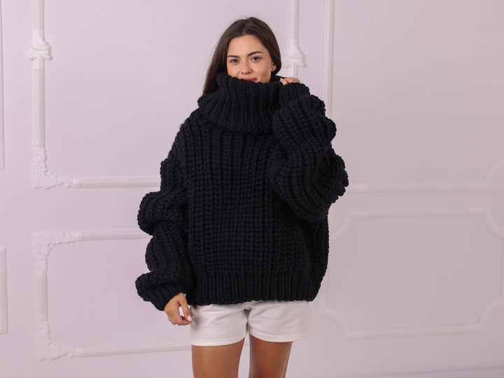 Black 4 kg Wool Fisherman Rib Cropped Oversized Turtleneck Sweater T2328