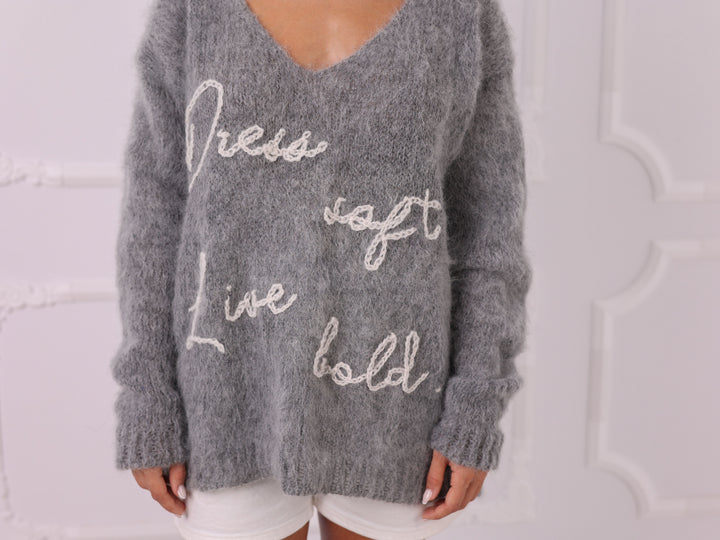 Personalized Gray Kid Mohair V-Neck Sweater, Custom Text T2325