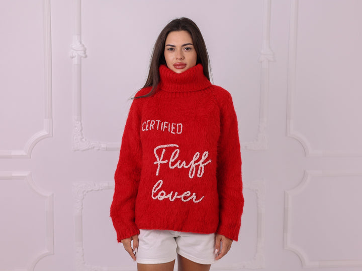 Personalized Red Baby Alpaca Turtleneck Sweater, Custom Text T2324