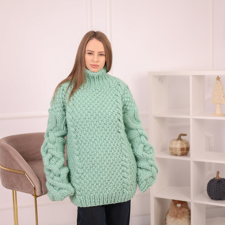 Chunky Wool Cable Knit Sweater, Oversized Hand Knit Turtleneck, Mint Green T2160