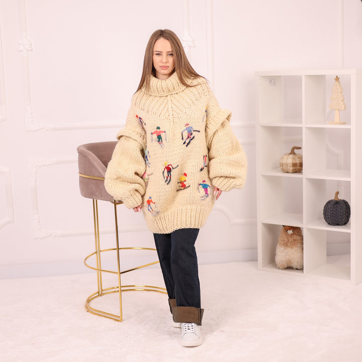 Hand Knitted 100% Wool Apres Ski Sweater Dress with Embroidered Skiers with Removable Sleeves T2157