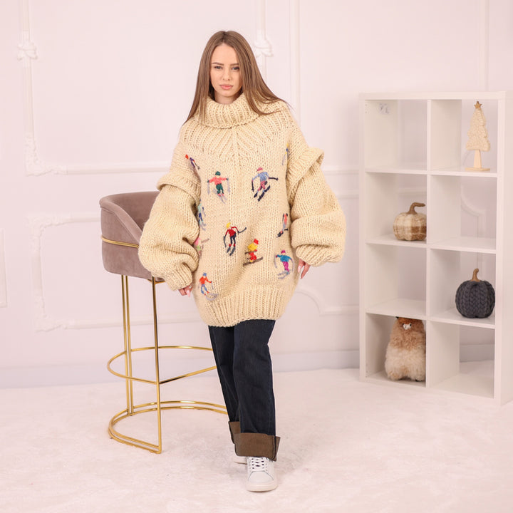 Hand Knitted 100% Wool Apres Ski Sweater Dress with Embroidered Skiers with Removable Sleeves T2157