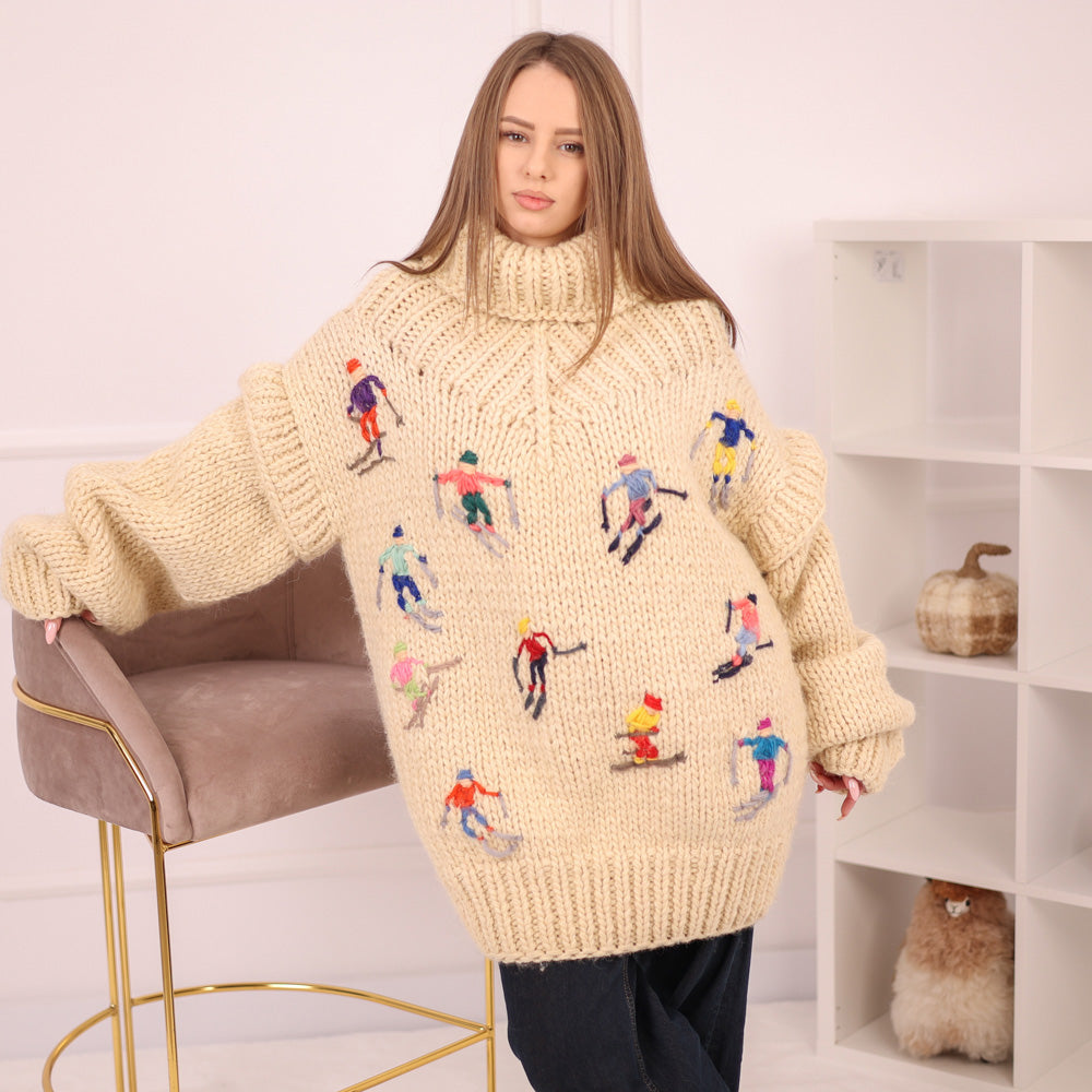 Hand Knitted 100% Wool Apres Ski Sweater Dress with Embroidered Skiers with Removable Sleeves T2157