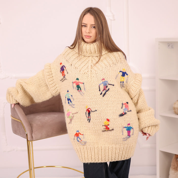 Hand Knitted 100% Wool Apres Ski Sweater Dress with Embroidered Skiers with Removable Sleeves T2157