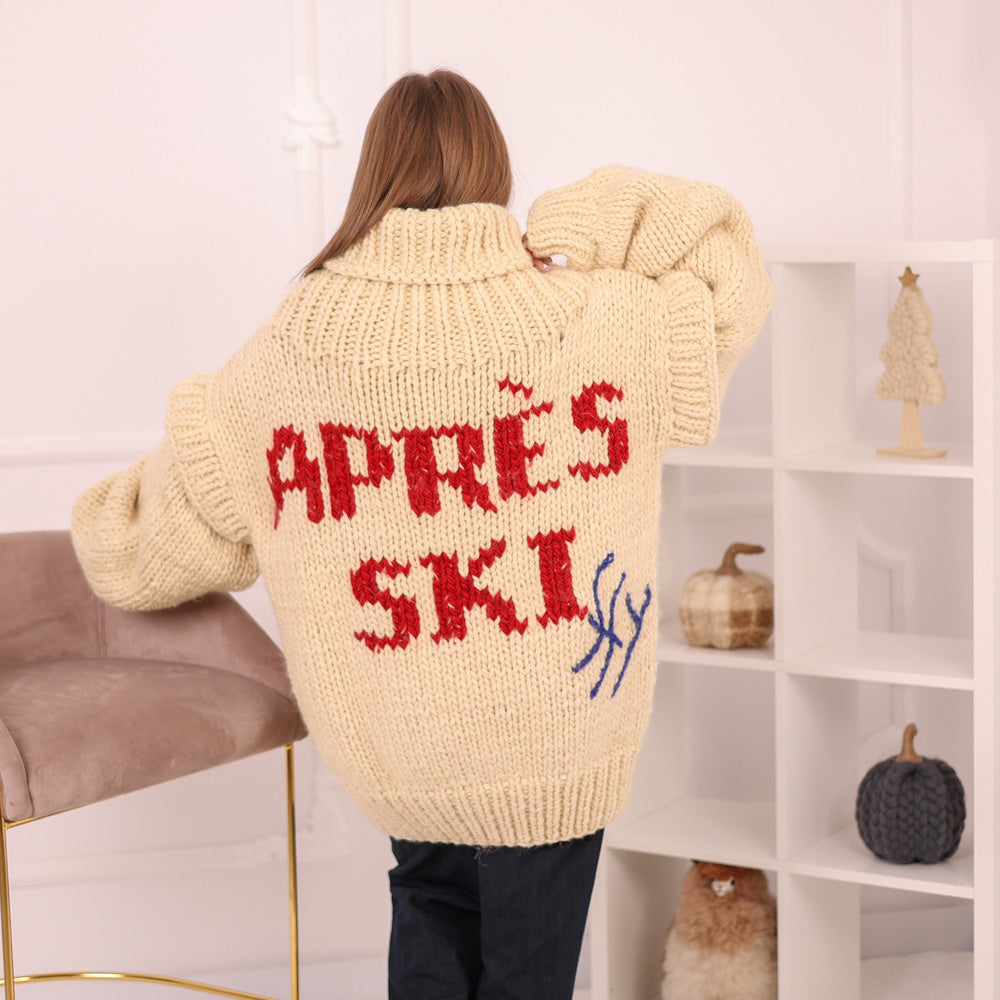 Hand Knitted 100% Wool Apres Ski Sweater Dress with Embroidered Skiers with Removable Sleeves T2157