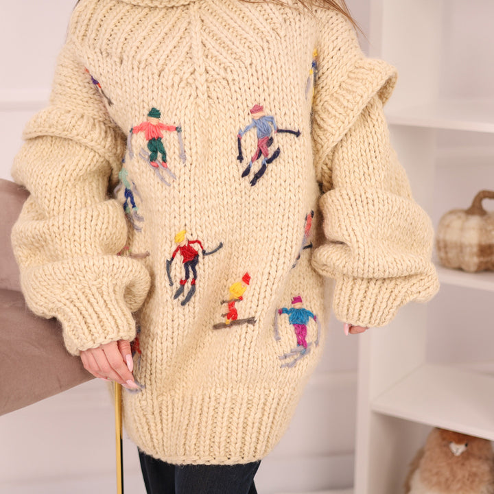 Hand Knitted 100% Wool Apres Ski Sweater Dress with Embroidered Skiers with Removable Sleeves T2157
