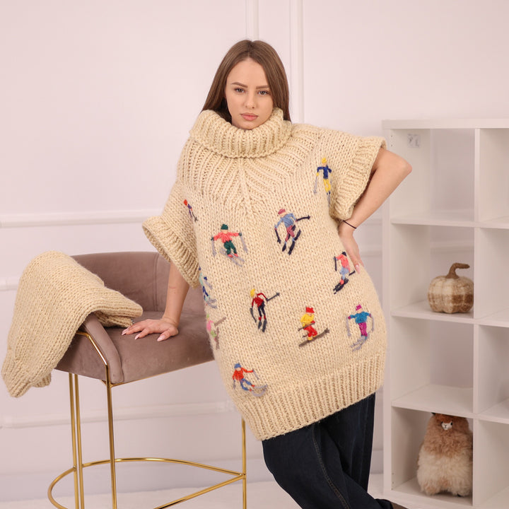 Hand Knitted 100% Wool Apres Ski Sweater Dress with Embroidered Skiers with Removable Sleeves T2157