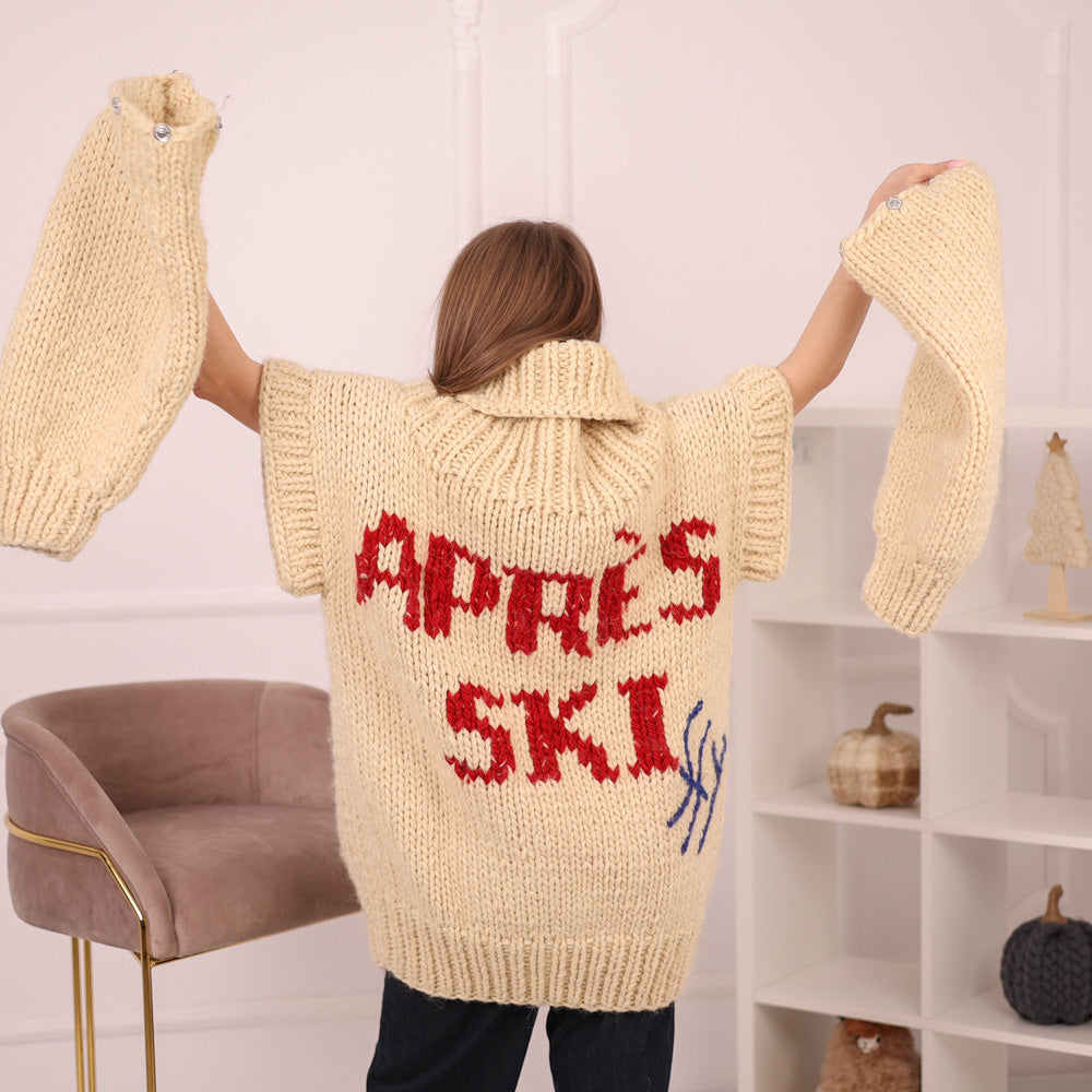 Hand Knitted 100% Wool Apres Ski Sweater Dress with Embroidered Skiers with Removable Sleeves T2157