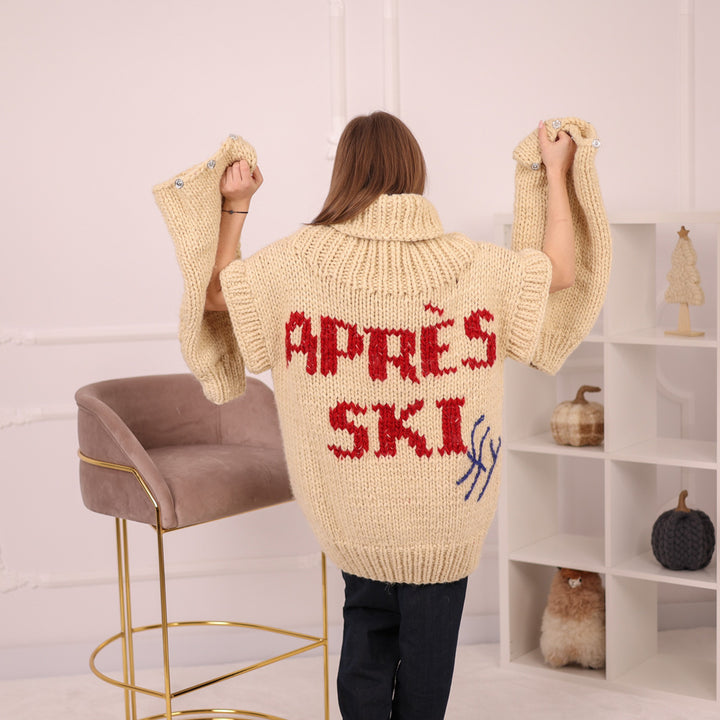 Hand Knitted 100% Wool Apres Ski Sweater Dress with Embroidered Skiers with Removable Sleeves T2157