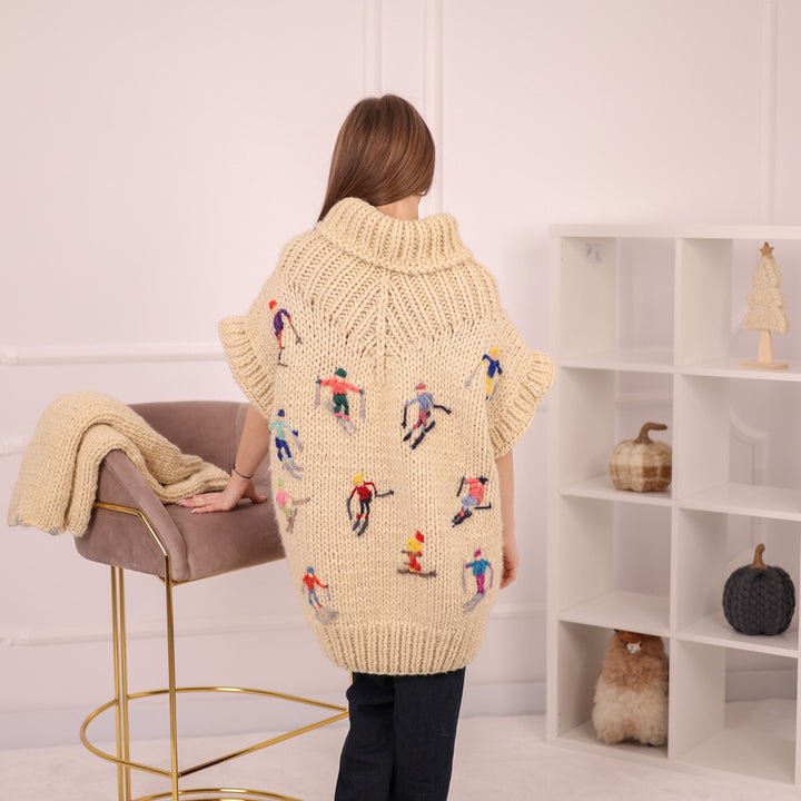 Hand Knitted 100% Wool Apres Ski Sweater Dress with Embroidered Skiers with Removable Sleeves T2157