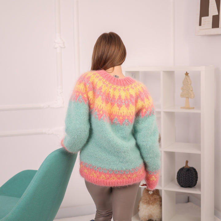 Icelandic Kid Mohair Cardigan, Fluffy Nordic Knit, Zipper Front Sweater T2169