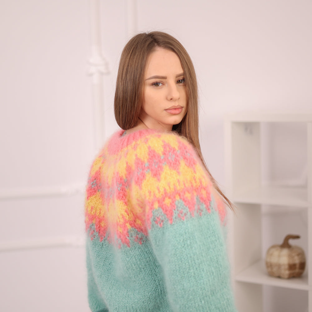 Icelandic Kid Mohair Cardigan, Fluffy Nordic Knit, Zipper Front Sweater T2169