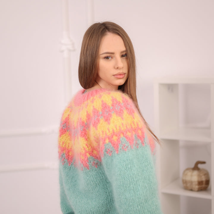 Icelandic Kid Mohair Cardigan, Fluffy Nordic Knit, Zipper Front Sweater T2169