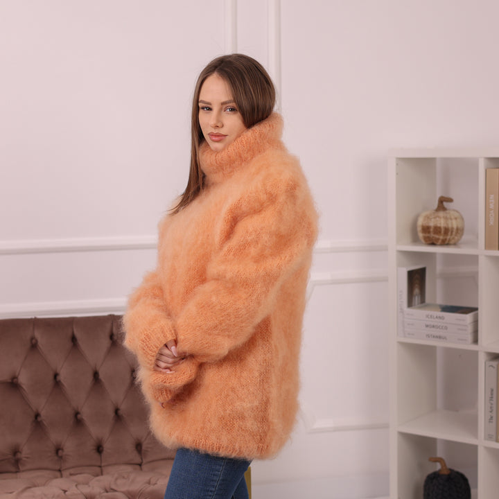 Fluffy Kid Mohair Sweater, Chunky Turtleneck Knit, Oversized Orange Pullover T2170