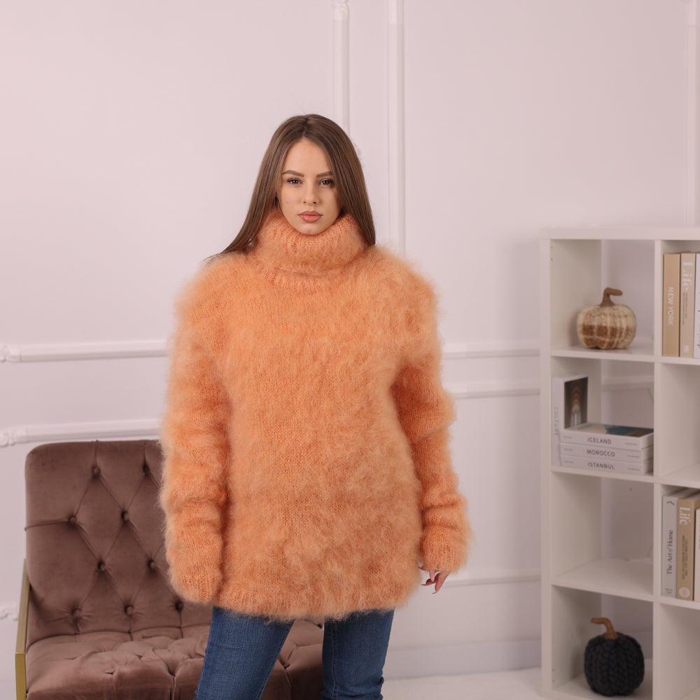 Fluffy Kid Mohair Sweater, Chunky Turtleneck Knit, Oversized Orange Pullover T2170