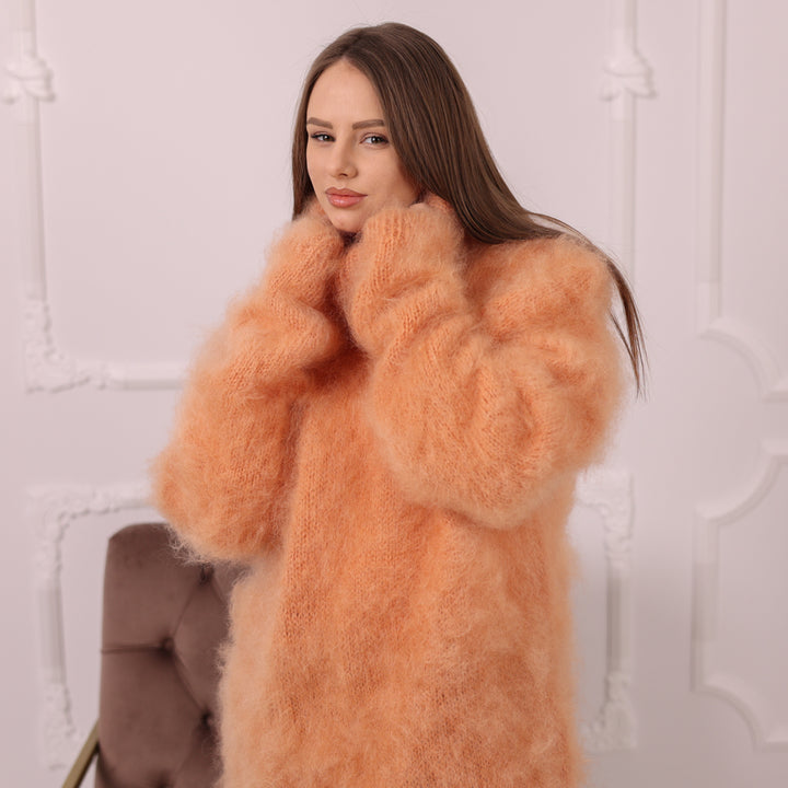 Fluffy Kid Mohair Sweater, Chunky Turtleneck Knit, Oversized Orange Pullover T2170