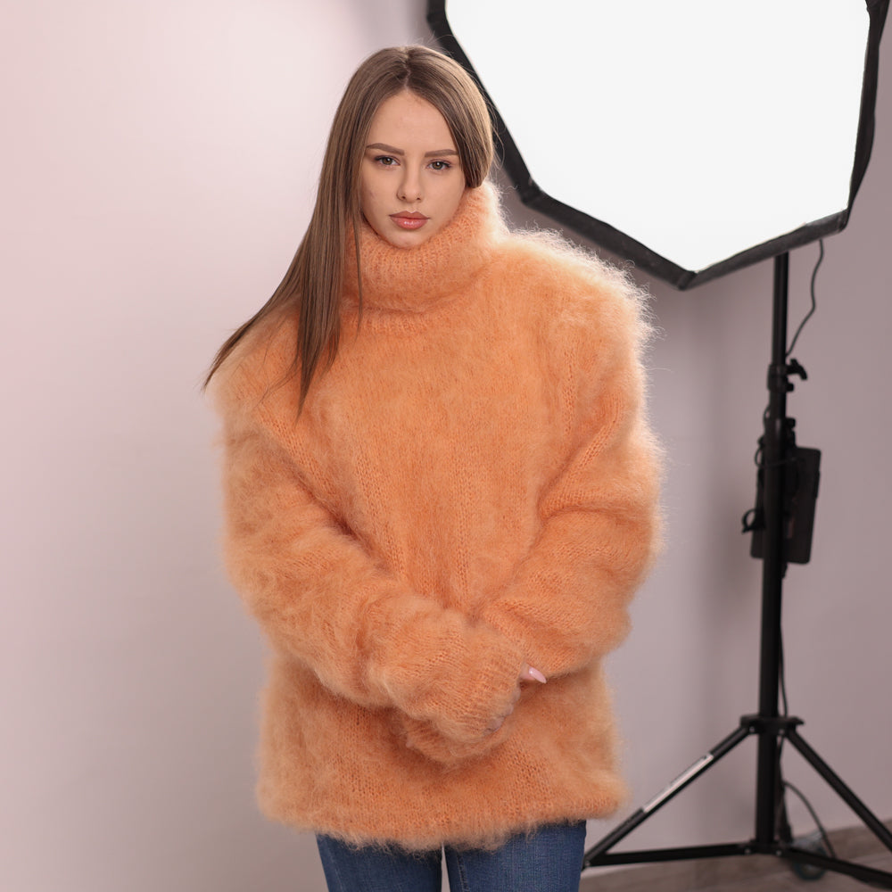 Fluffy Kid Mohair Sweater, Chunky Turtleneck Knit, Oversized Orange Pullover T2170